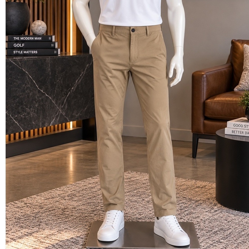 Unbranded Mens Chino Pants Tan Flat Front Slim Tapered Khakis 32x28
